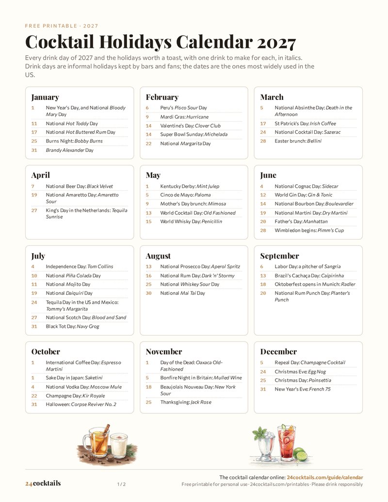 Cocktail Holidays Calendar 2027