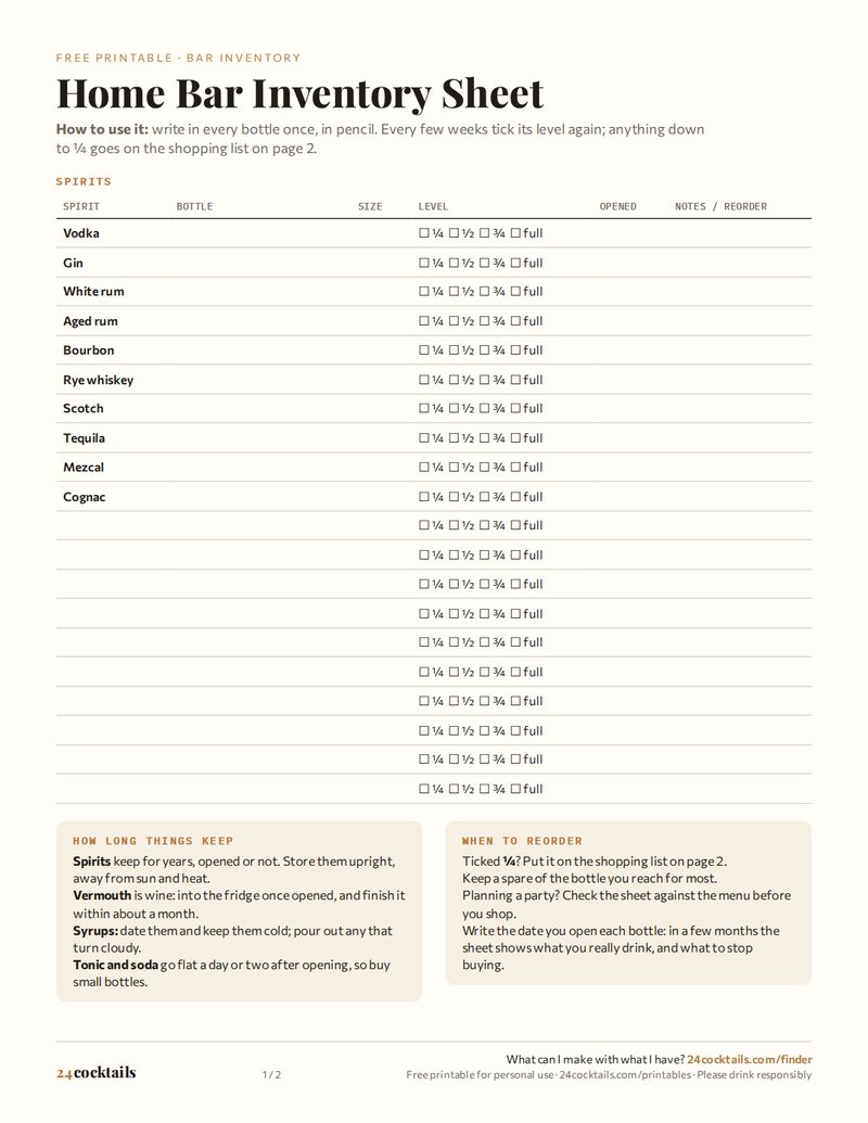 Home Bar Inventory Sheet