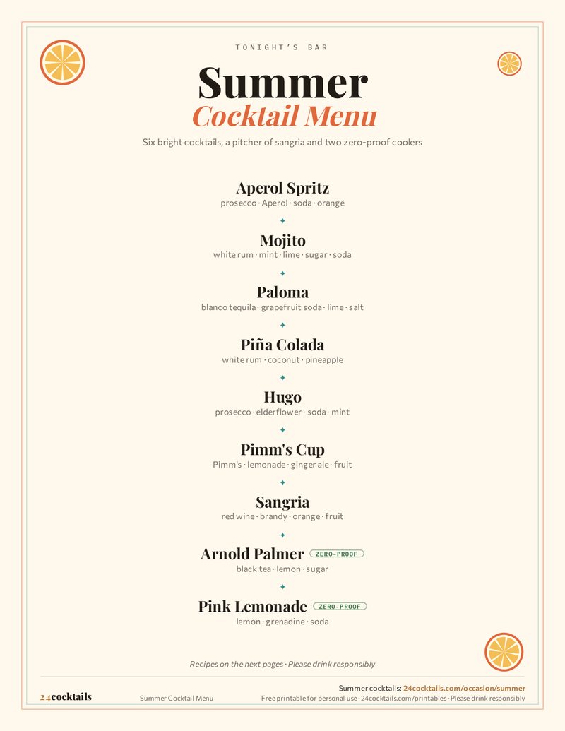 Summer Cocktail Menu